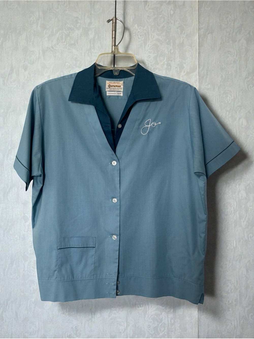 Vtg 50s 60s USA Olympian Lady Belmont Bowling Shirt Two Tone Chain Stitch L XL